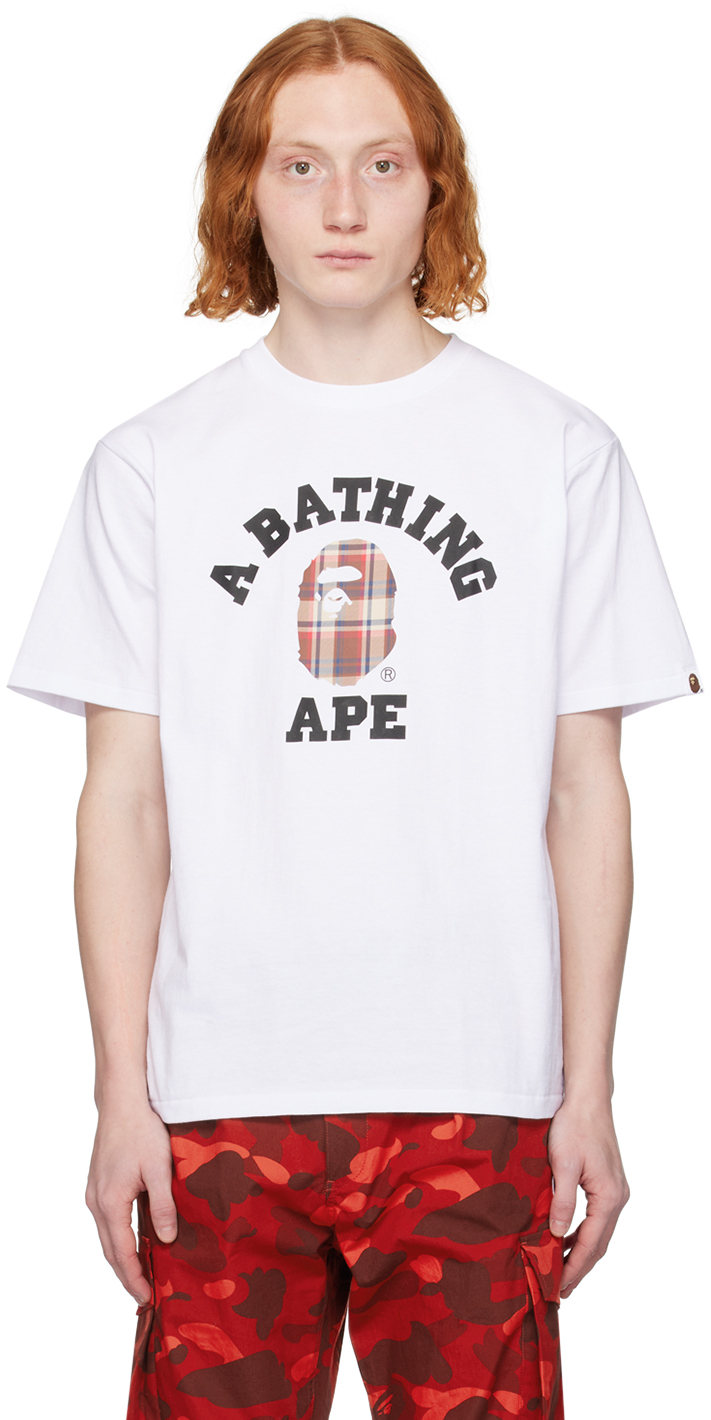 BAPE: White Check College T-Shirt | SSENSE Canada