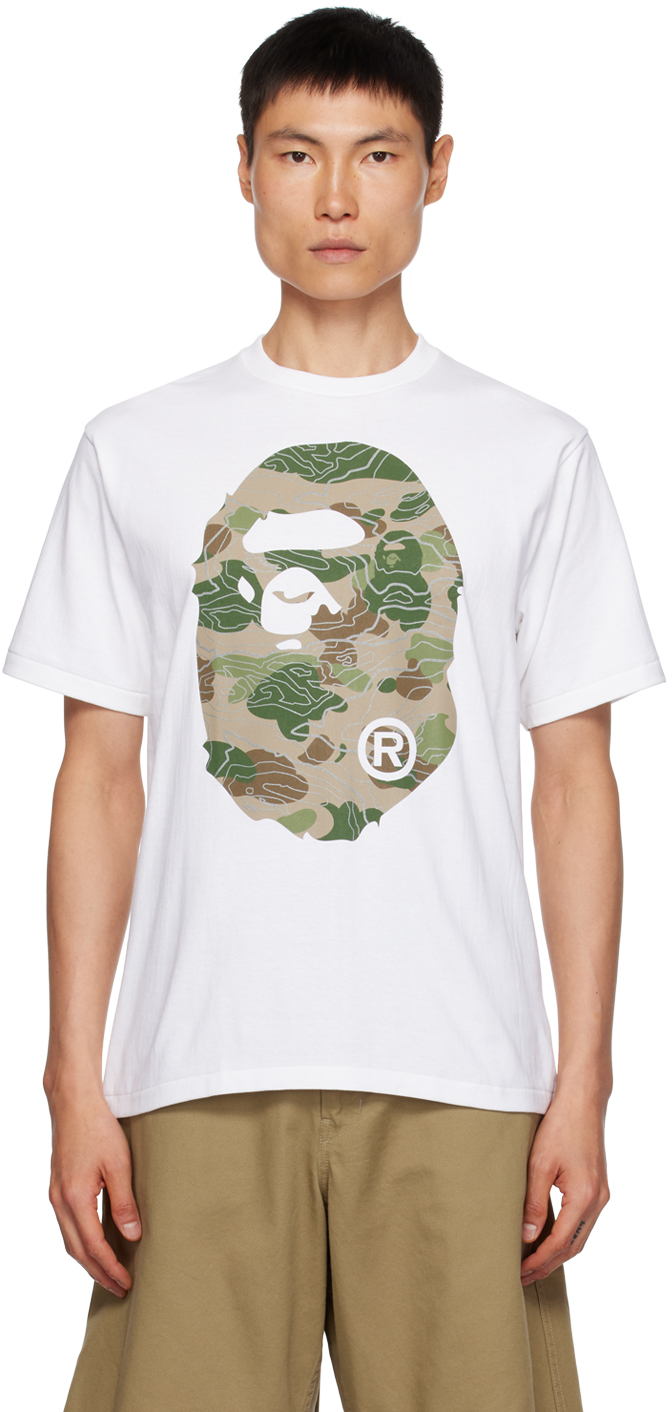 BAPE: White Layered Line Camo Big Ape Head T-Shirt | SSENSE