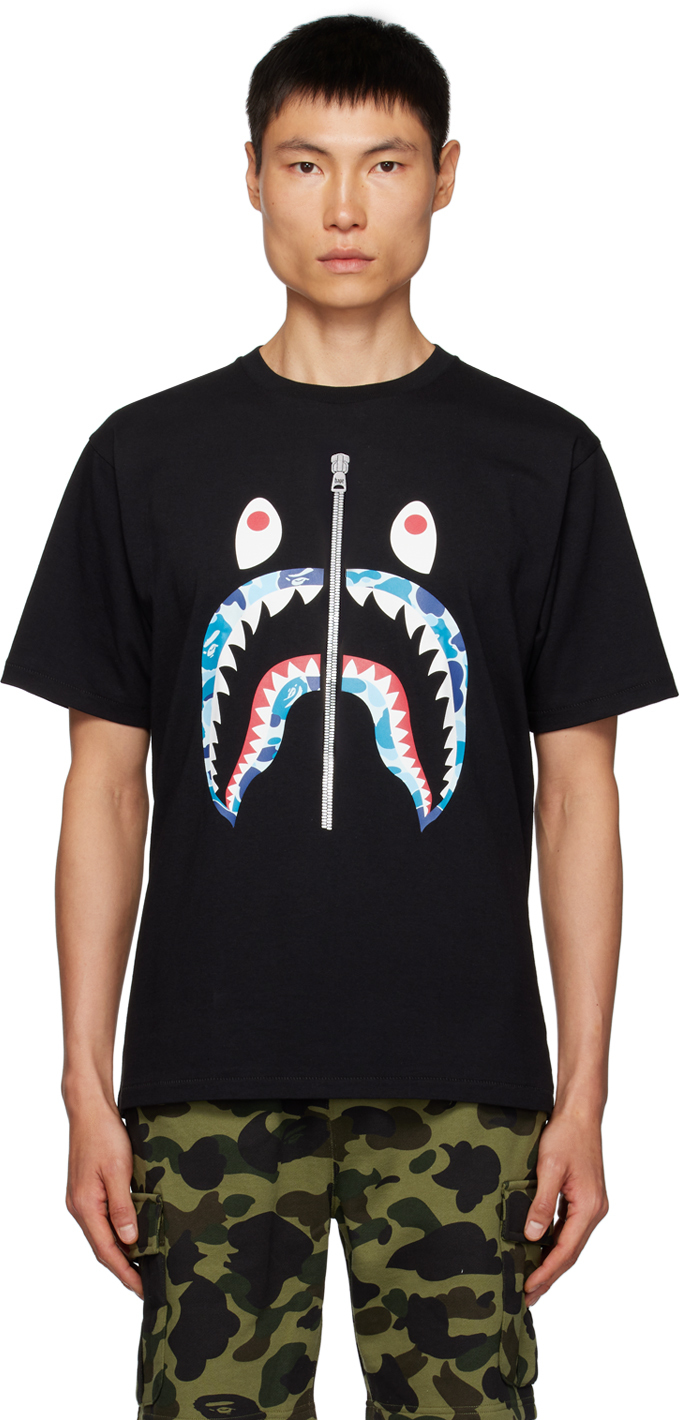 Bape Black Abc Camo Shark T-shirt In Black X Blue