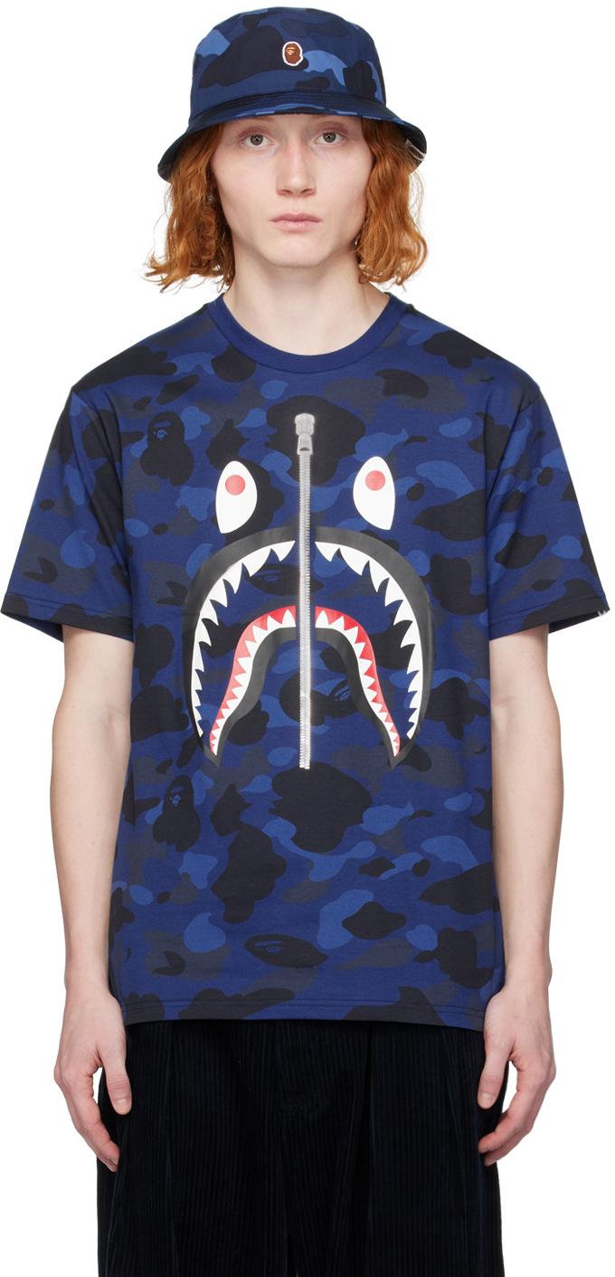 Bape Blue Colour Camo Shark T-shirt In Navy