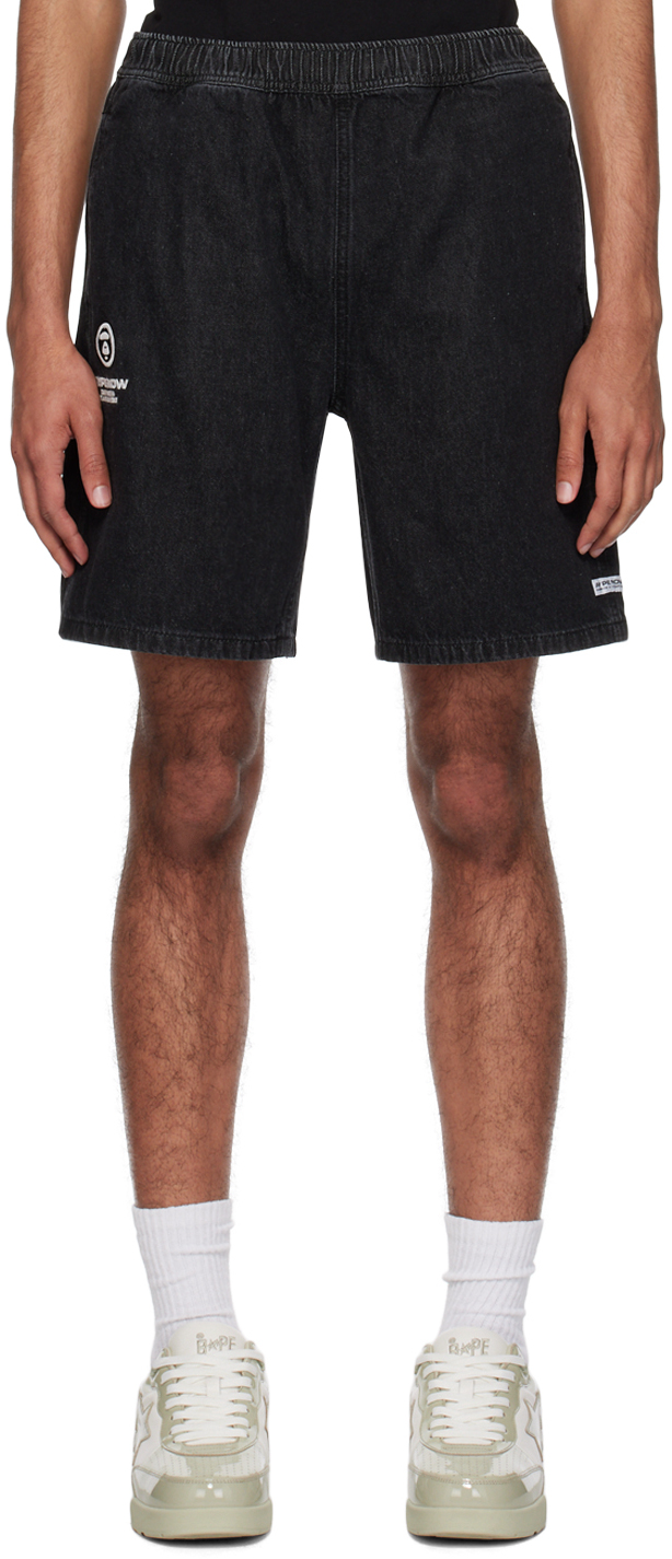 Aape By A Bathing Ape Black Moonface Embroidered Denim Shorts In Bkx