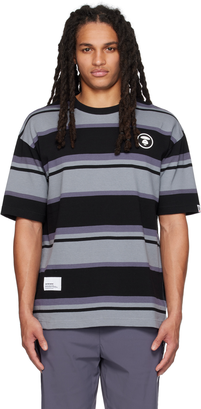 MOONFACE PATCH STRIPED SHORT-SLEEVE BASEBALL SHIRT