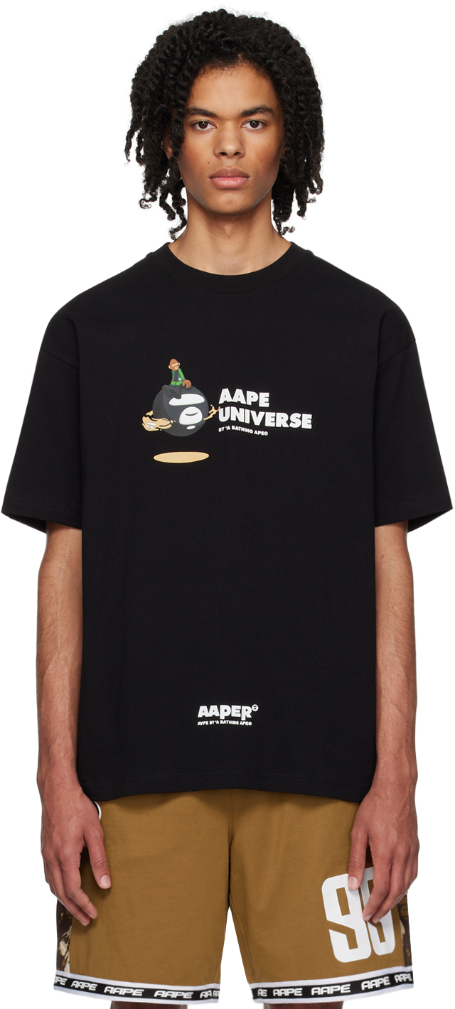 AAPE by A Bathing Ape: Black Printed T-Shirt | SSENSE