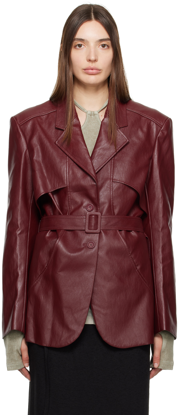 Burgundy Belted Faux-Leather Blazer