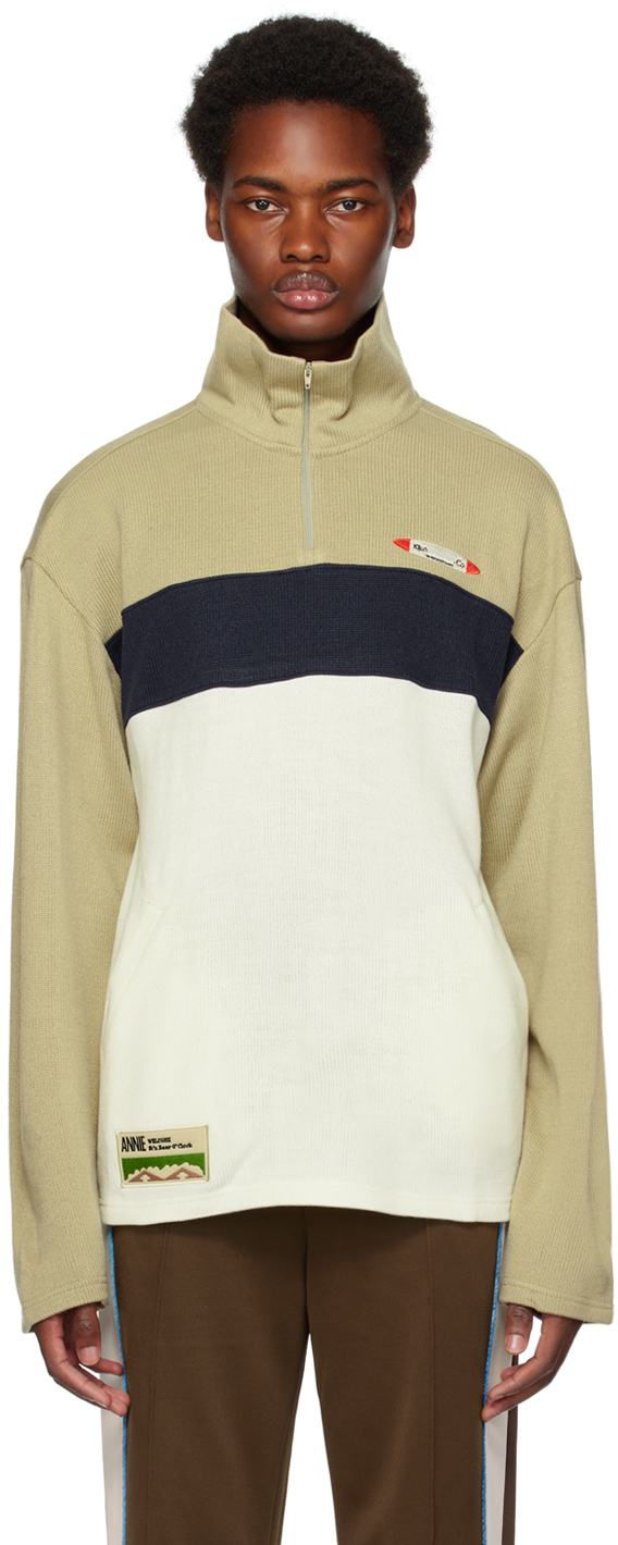 Kijun Off-white & Taupe Half-zip Track Jacket In Light Olive/cream