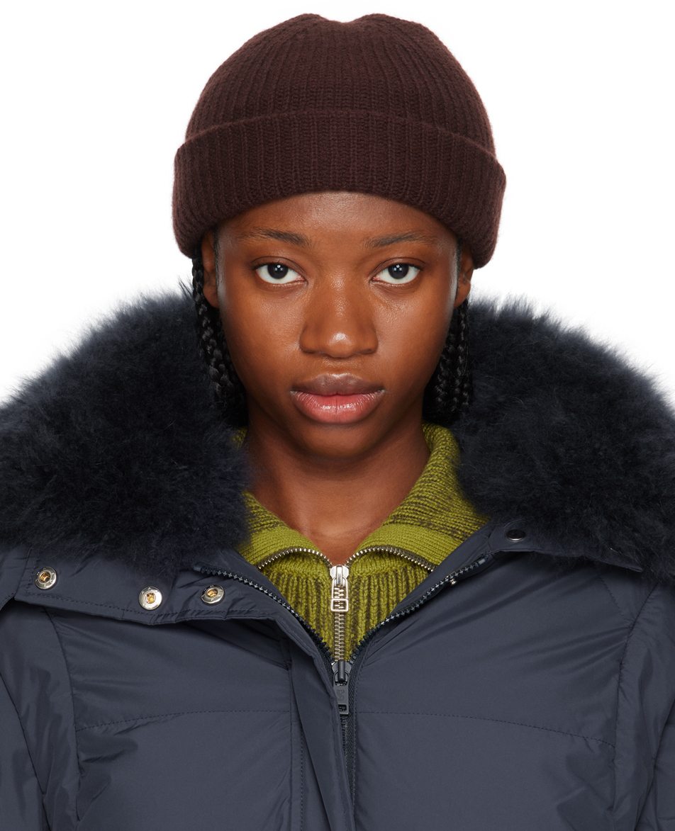 Shop Yves Salomon Brown Ribbed Beanie In A2178 Chocolat