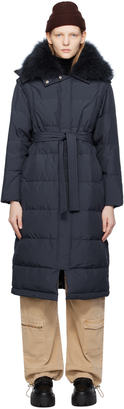 Yves Salomon Navy Belted Down Coat In A7048 Midnight
