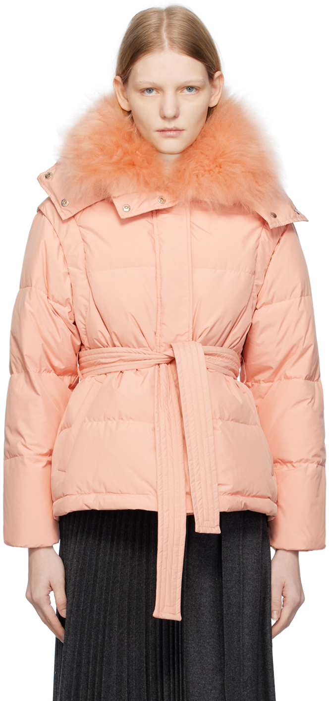 Yves Salomon Pink Belted Down Jacket In A5014 Charme