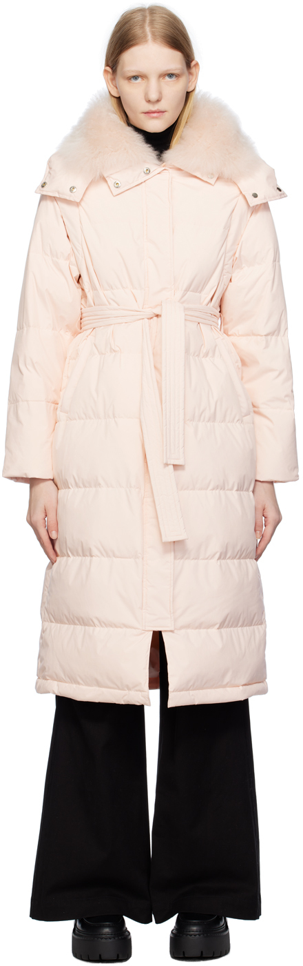 Yves Salomon Pink Belted Down Coat In A5089 Rosewater