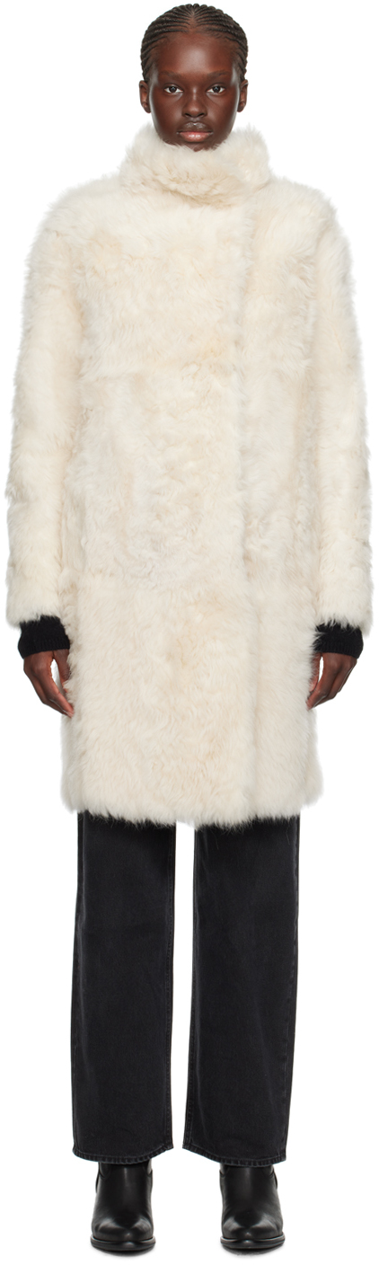 Off-White Notched Lapel Reversible Shearling Coat