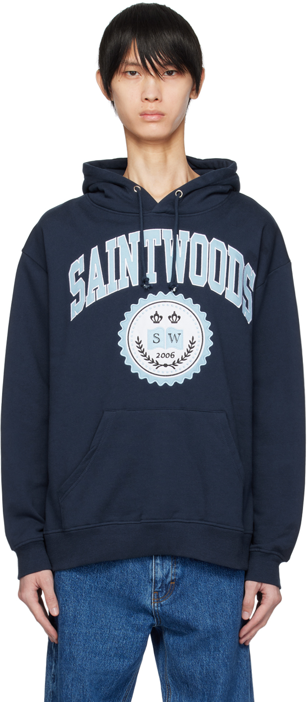 Shop Saintwoods Navy Embroidered Hoodie