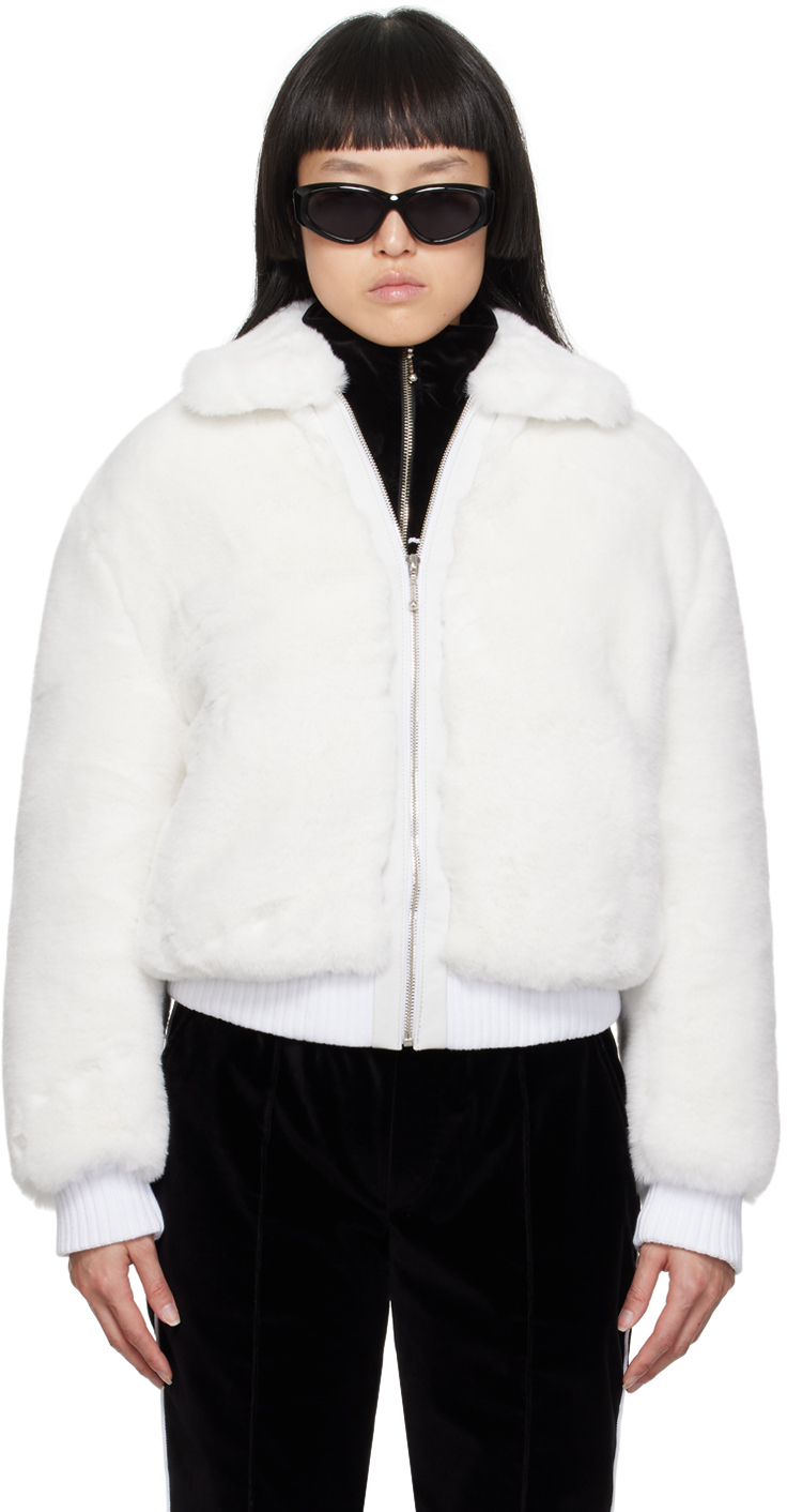 White Spread Collar Faux-Fur Jacket