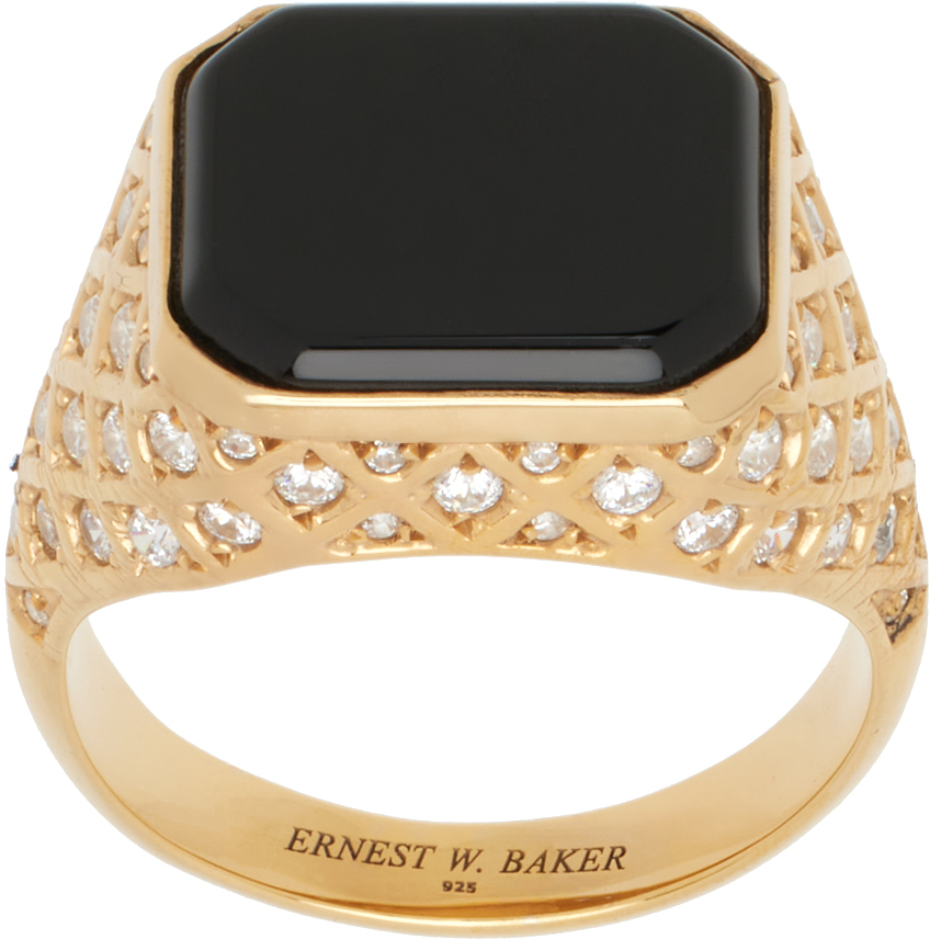 Ernest W Baker Gold Diamond Quilted Stone Ring In Onyx Stone