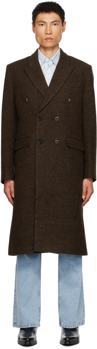 Shop Ernest W Baker Brown Double-breasted Coat In Brown Melange