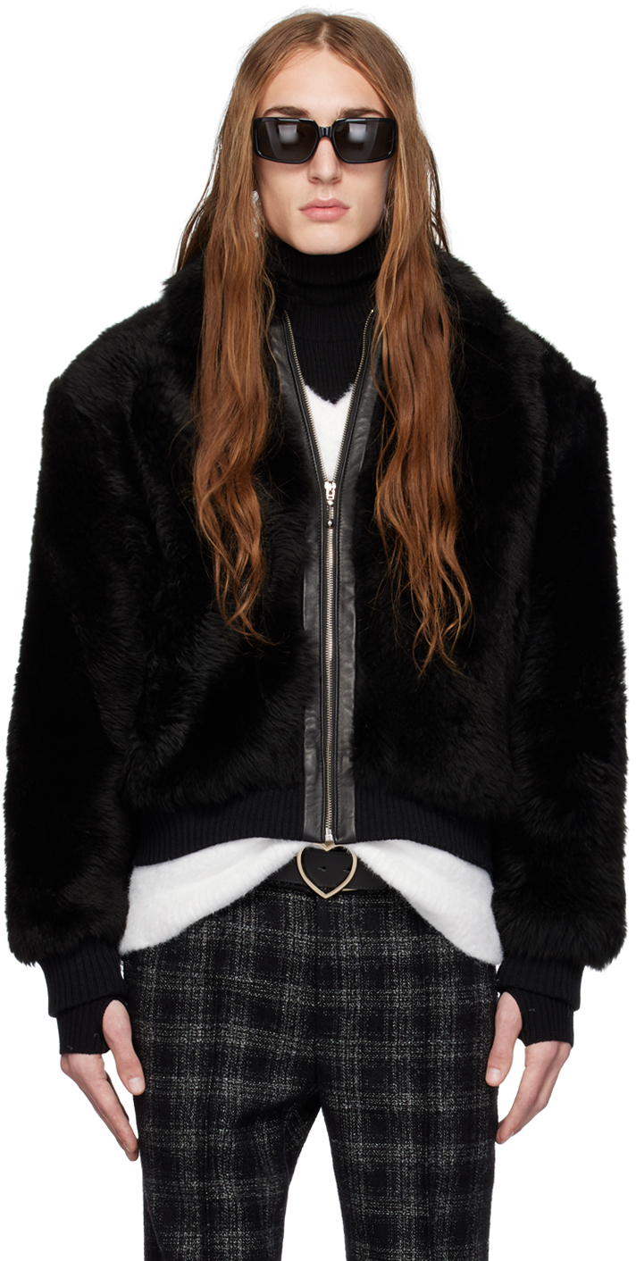 Black Spread Collar Shearling Jacket