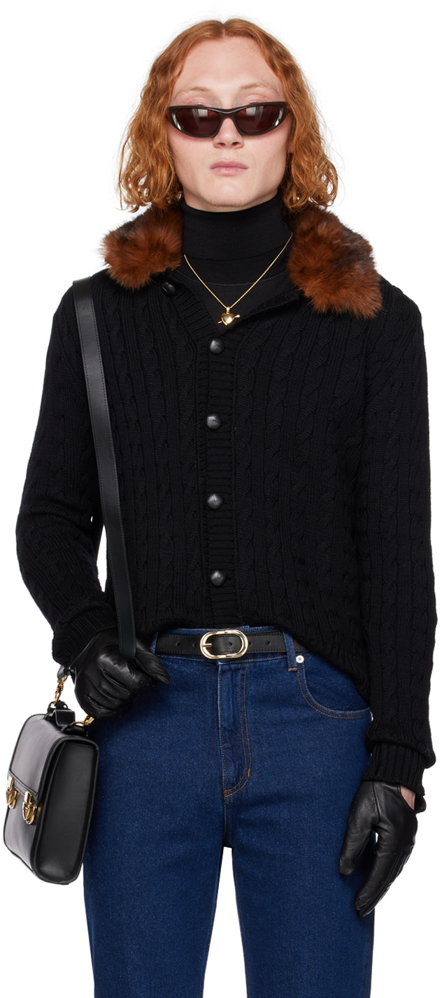 Black Faux-Fur Collar Cardigan