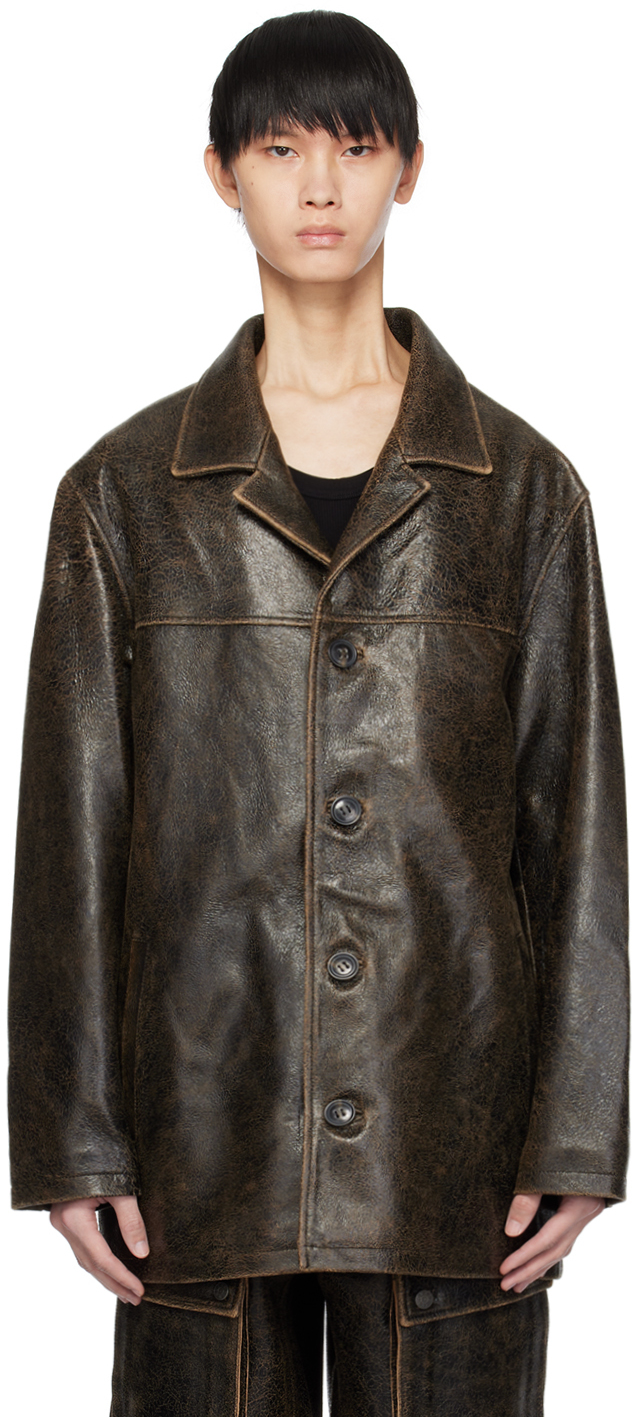 Brown leather cheap jacket guess