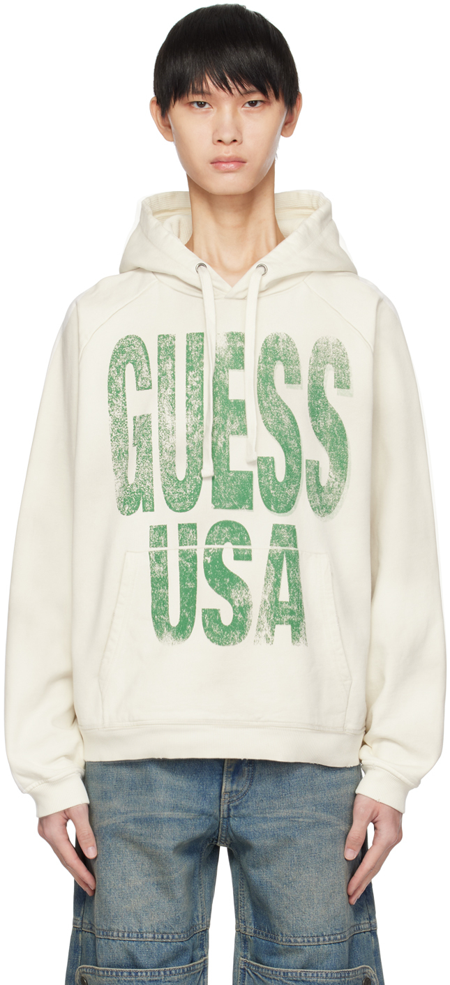 Guess Usa Off-white Printed Hoodie In F0i6 Alabaster White