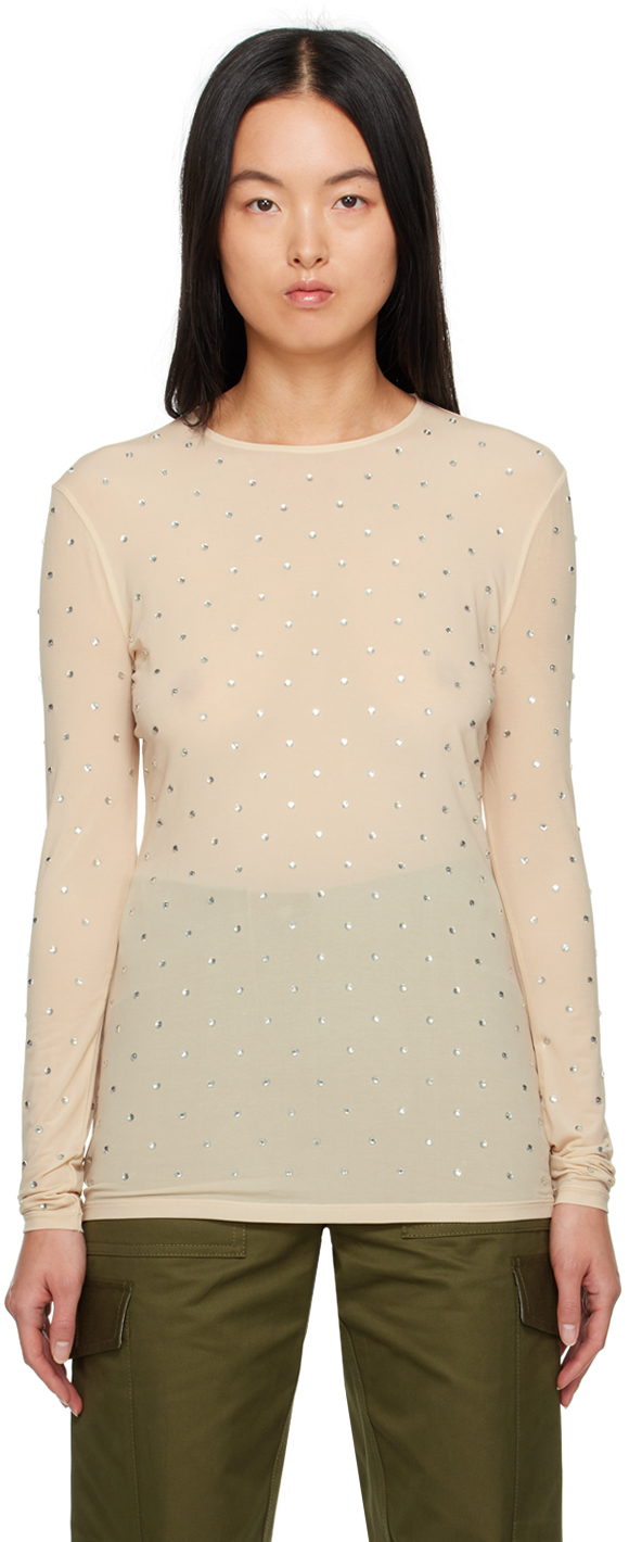 Rabanne Beige Crystal-cut Long Sleeve T-shirt In P270 Nude