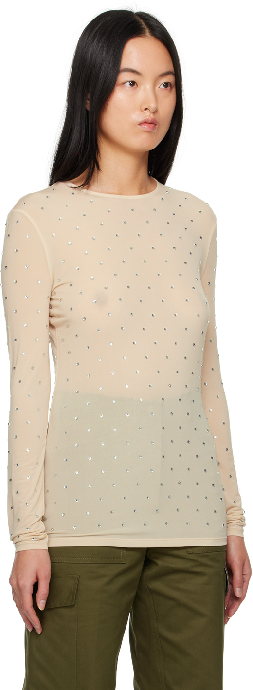 RABANNE BEIGE CRYSTAL-CUT LONG SLEEVE T-SHIRT