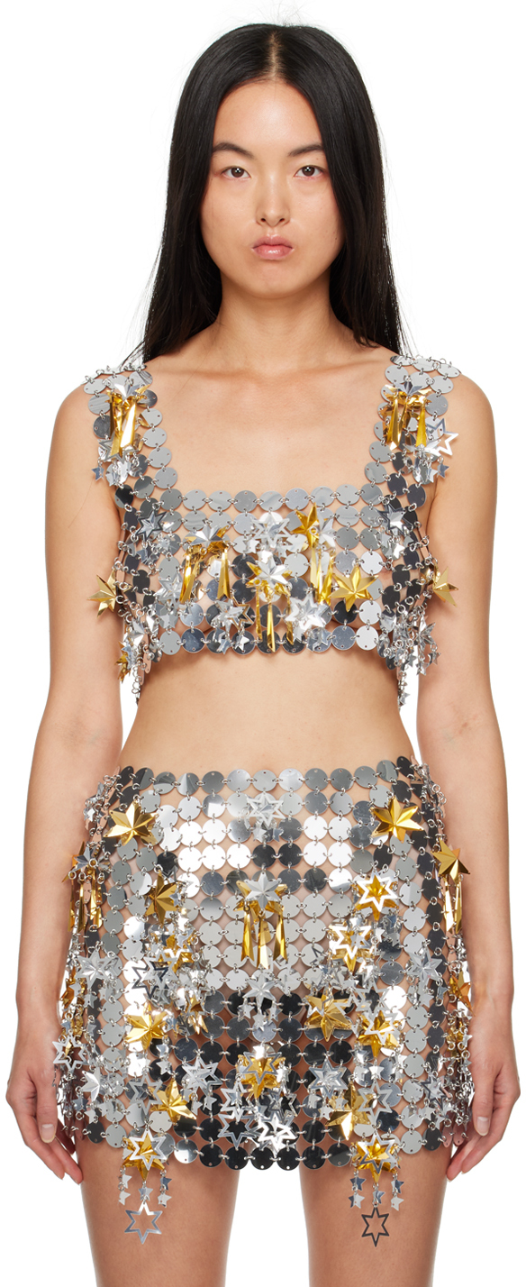Rabanne Womens Silver Gold Scoop-neck Cropped Sequin Top