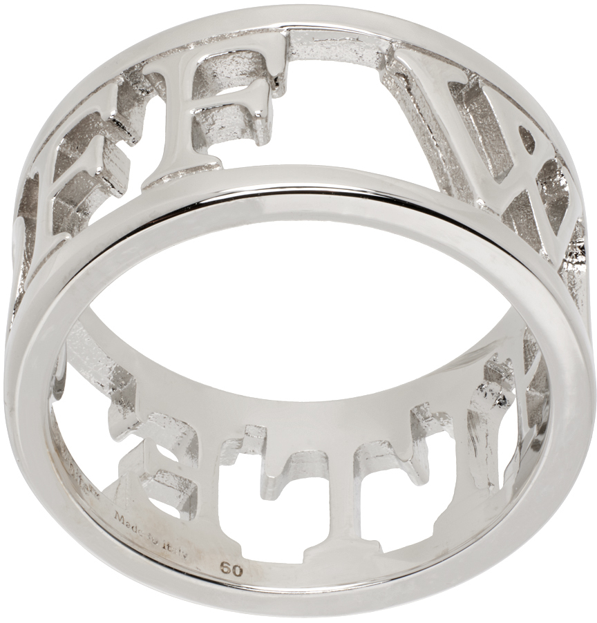 Off-White: Silver Logo Lettering Ring | SSENSE