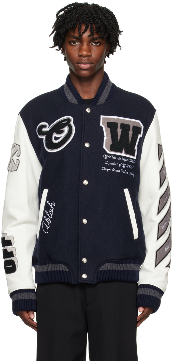 Off-White - patch-detail Bomber Jacket - Men - Leather/Cotton/Polyamide/Polyester/Viscose/Virgin Wool - 50 - Black