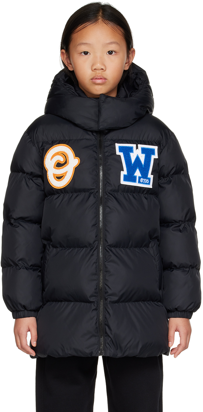 Shop Off-white Kids Black Ow Patch Puffer Jacket In Black Blue