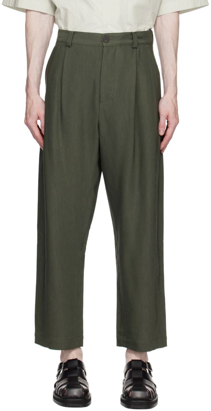 Studio Nicholson Tuck Pleated Twill Trousers In Dark Green | ModeSens