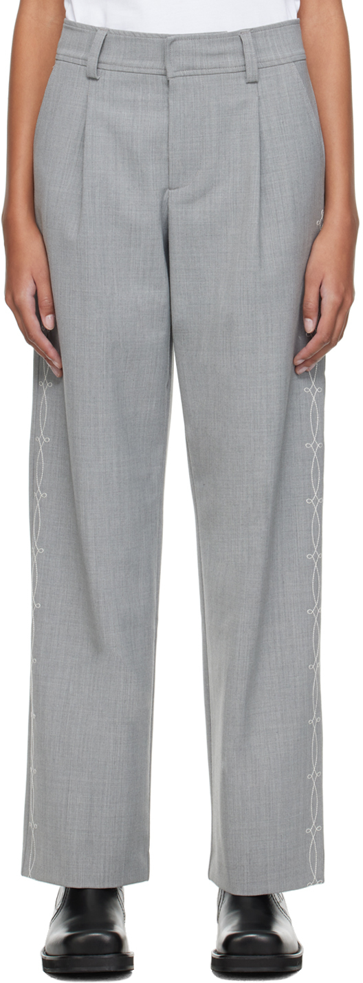 Soulland Gray Aidan Trousers In Grey Embroidered