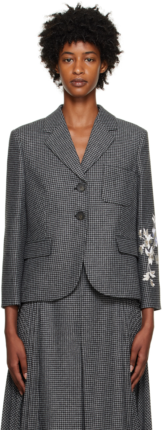 Erdem Fitted Wool Blazer Jacket With Floral Embroidered Detail In Black Grey