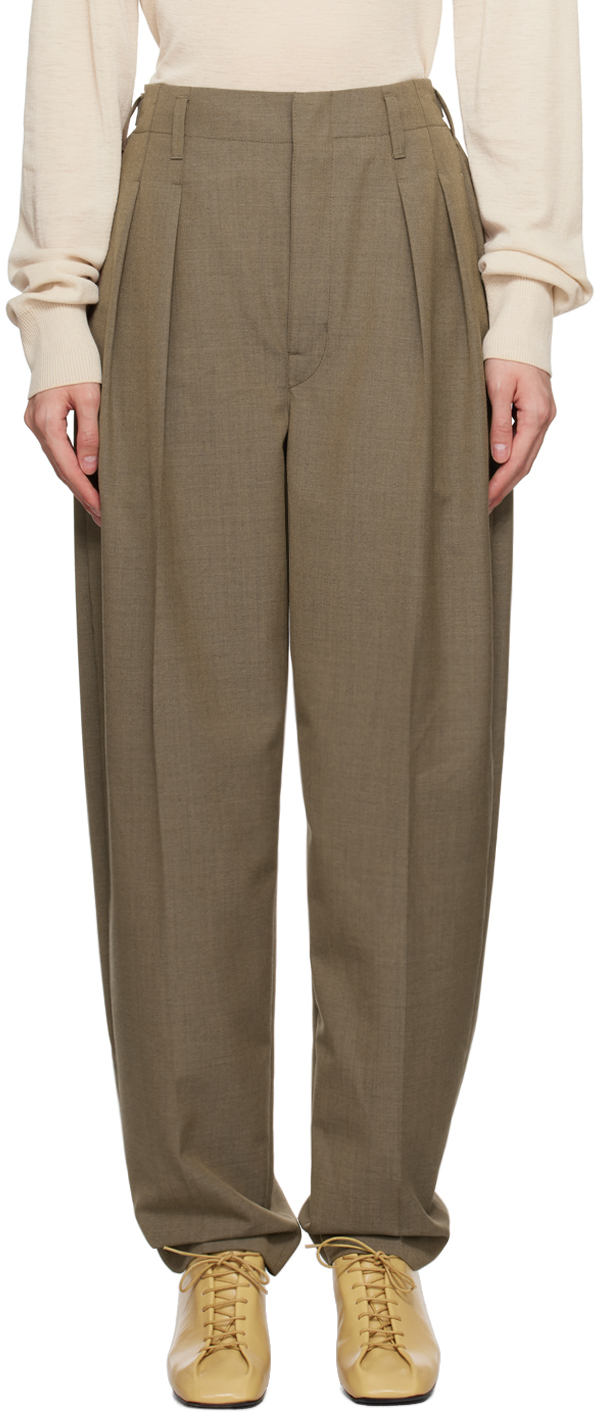 Shop Lemaire Taupe Pleated Tapered Trousers In Bk916 Beige Grey