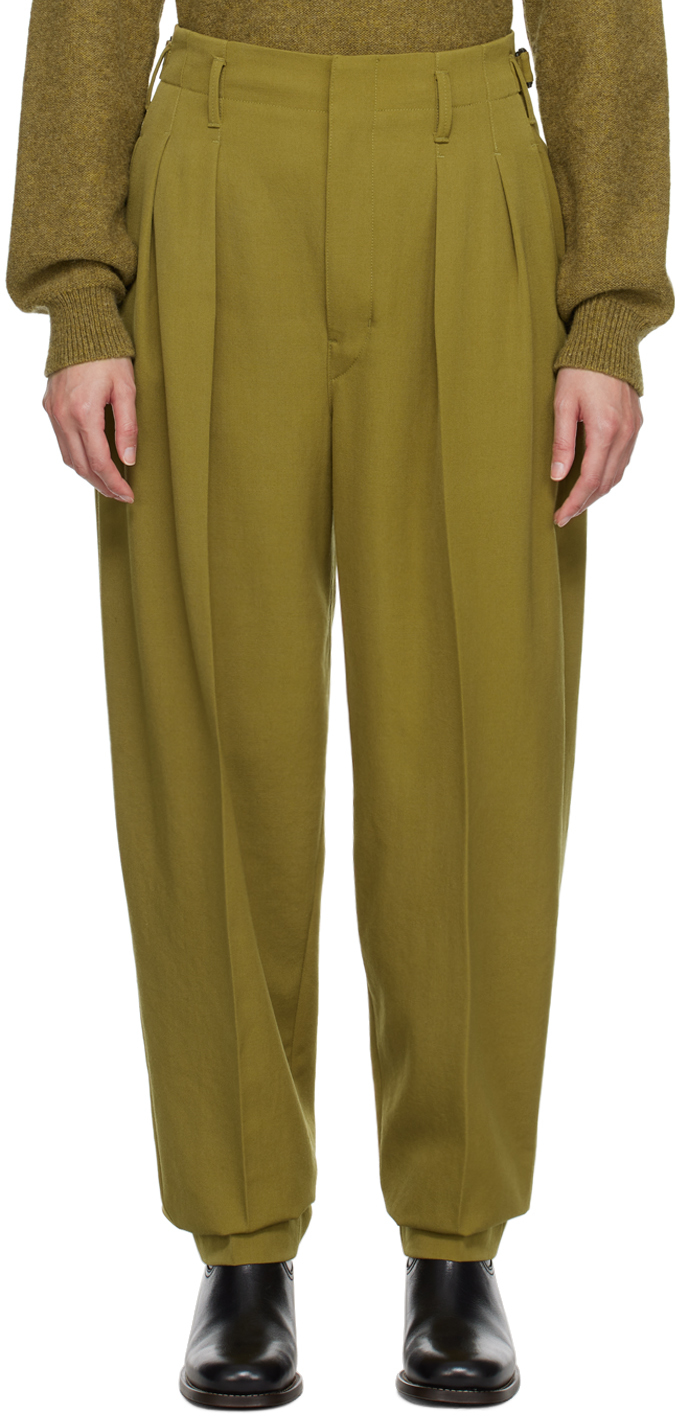LEMAIRE GREEN PLEATED TAPERED TROUSERS
