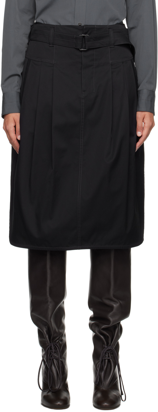 Black Pleated Belted Midi Skirt