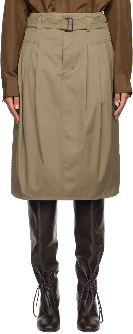 Taupe Pleated Belted Midi Skirt