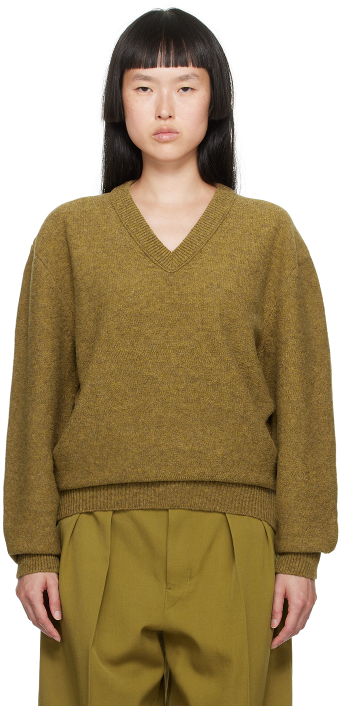 Lemaire Khaki V-neck Sweater In Dark Mustard
