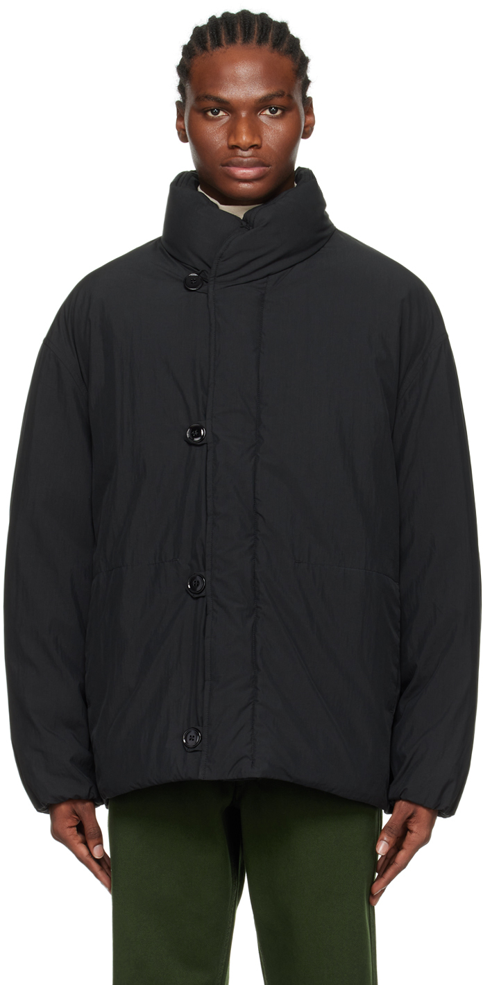Shop Lemaire Black Funnel Neck Jacket In Bk995 Jet Black