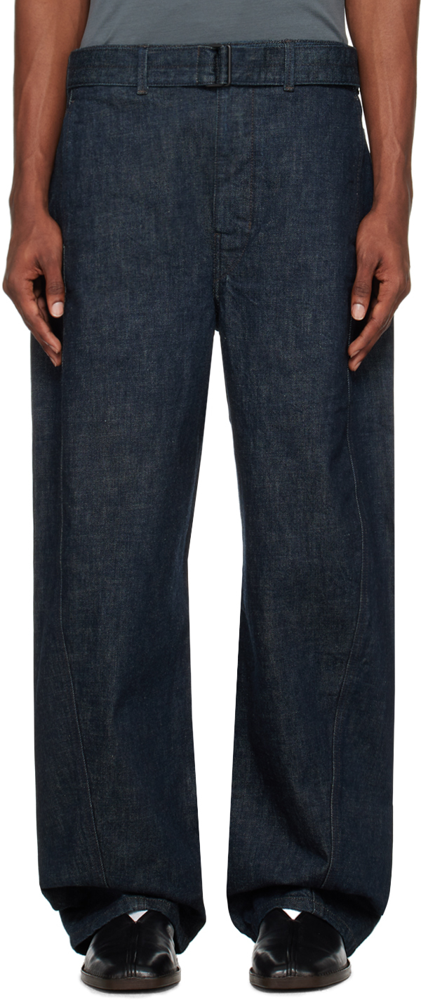 Shop Lemaire Indigo Twisted Belted Jeans In Bl760 Denim Indigo