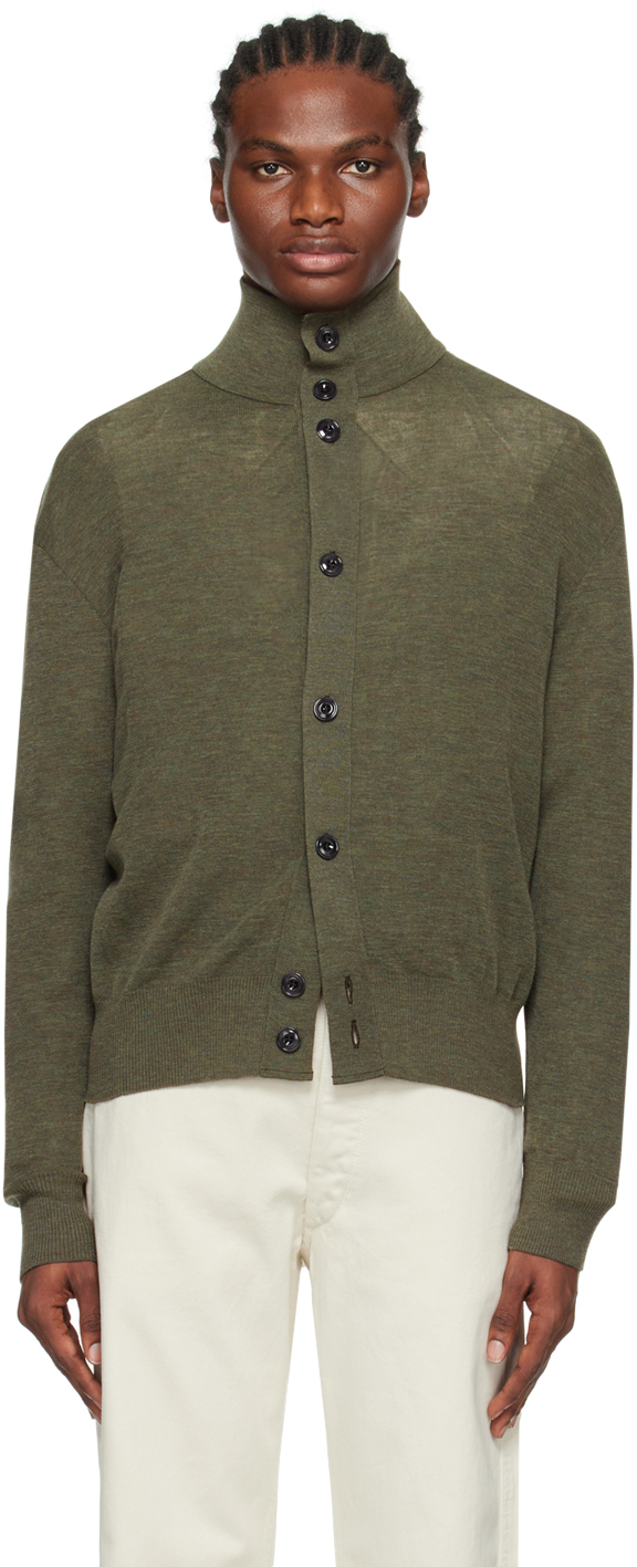 Lemaire Khaki Convertible Collar Cardigan In Gr701 Dusty Olive