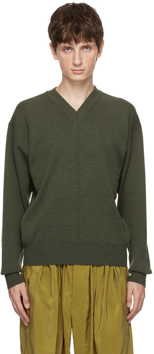 Lemaire Green V-neck Sweater In Gr626 Ivy Green