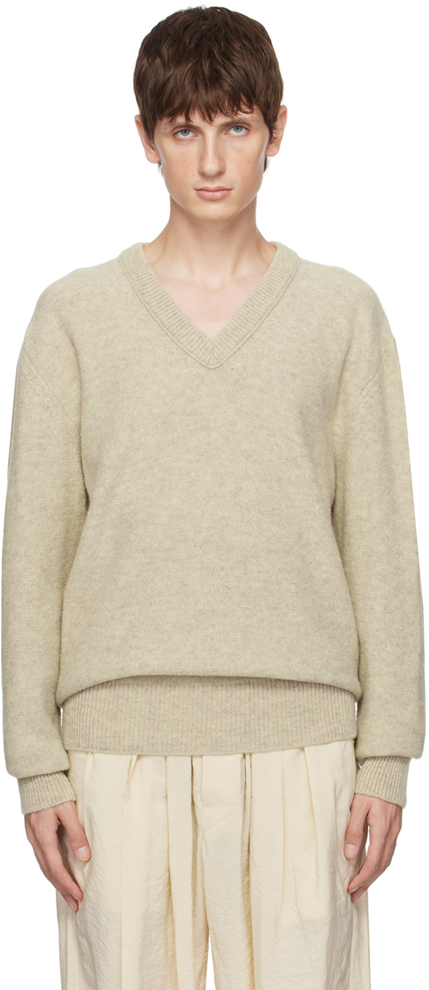 Shop Lemaire Beige V-neck Sweater In Wh001 Chalk
