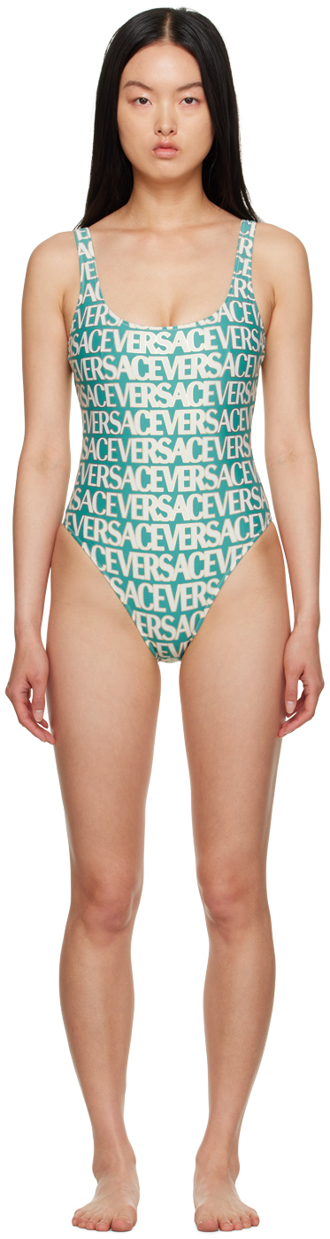 Shop Versace Blue Allover One-piece Swimsuit In 5v550 Turquoise