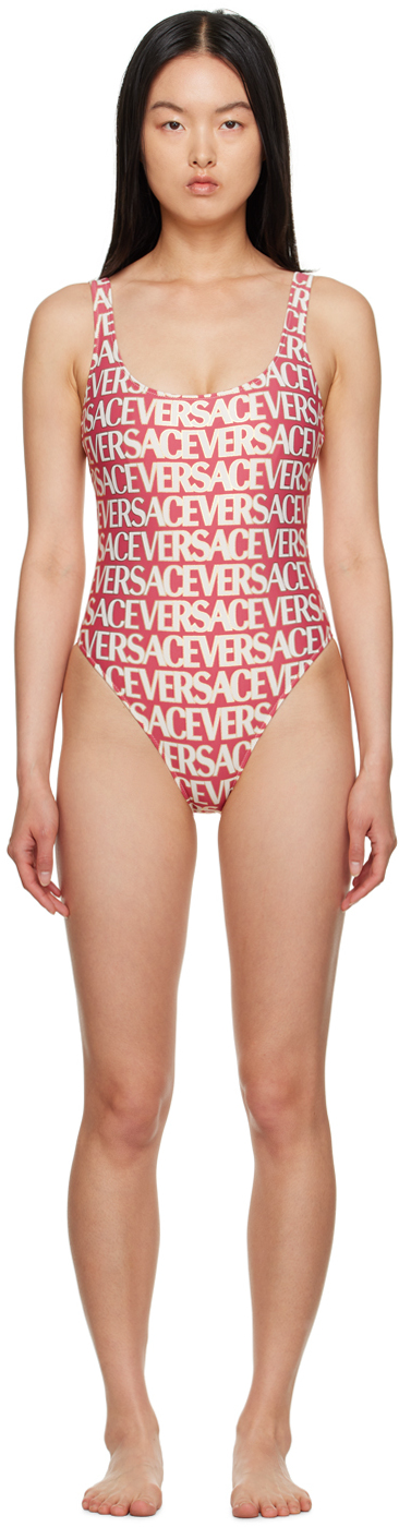 Shop Versace Red Printed One-piece Swimsuit In 5p840 Fuxia/ivory