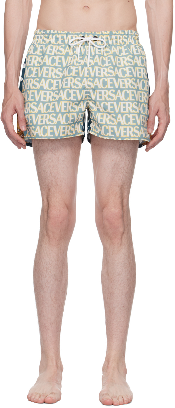 Shop Versace Blue & Off-white Allover Swim Shorts In 5v510-light Blue+ivo