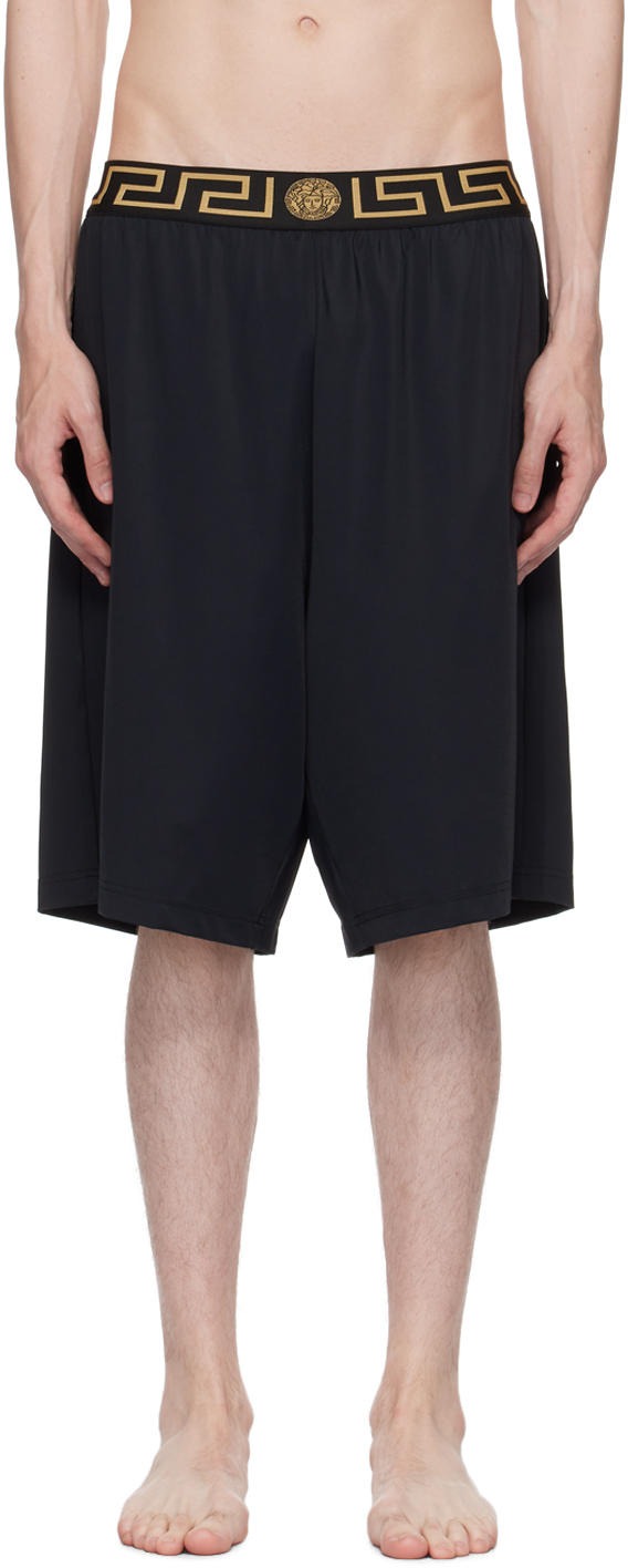 Shop Versace Black Greca Long Swim Shorts In A80g-black Gold