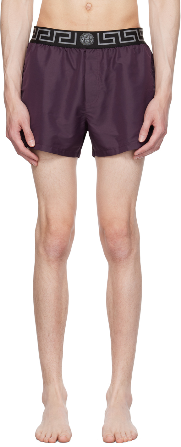 Burgundy Greca Border Swim Shorts