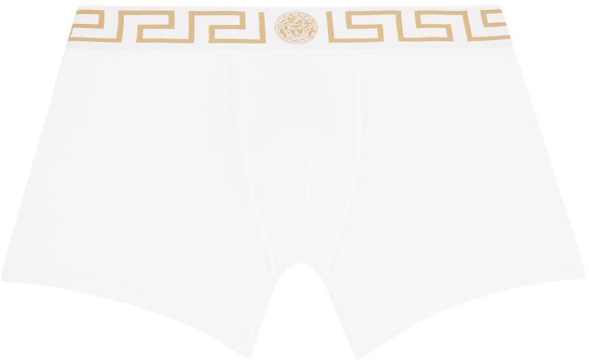 Versace White Greca Border Long Boxers In A81h-white- Gold
