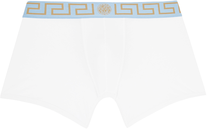 Versace White Greca Border Long Boxers In 2wg40-white+sky Blue