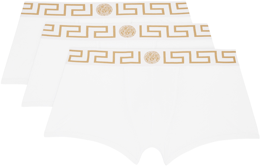 Versace Three-pack White Greca Border Boxers In A81h-white- Gold