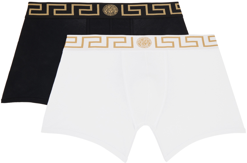 Versace Underwear: ブラック＆ホワイト グレカ ボーダー ボクサー 2枚 